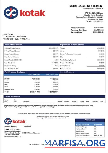 Blank India Kotak Mahindra Bank mortgage statement Word and PDF template